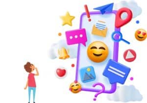 person looking up at a big phone with a bunch of social media icons