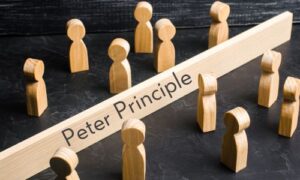 a barrier between human figures with the Peter Principle on it