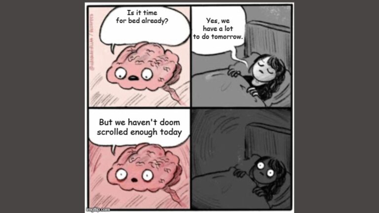 a comic showing a brain and sleeping person who wakes up because of adhd thoughts