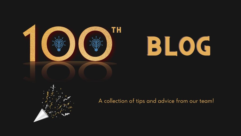 an image celebrating 100 blogs published by New Frontiers