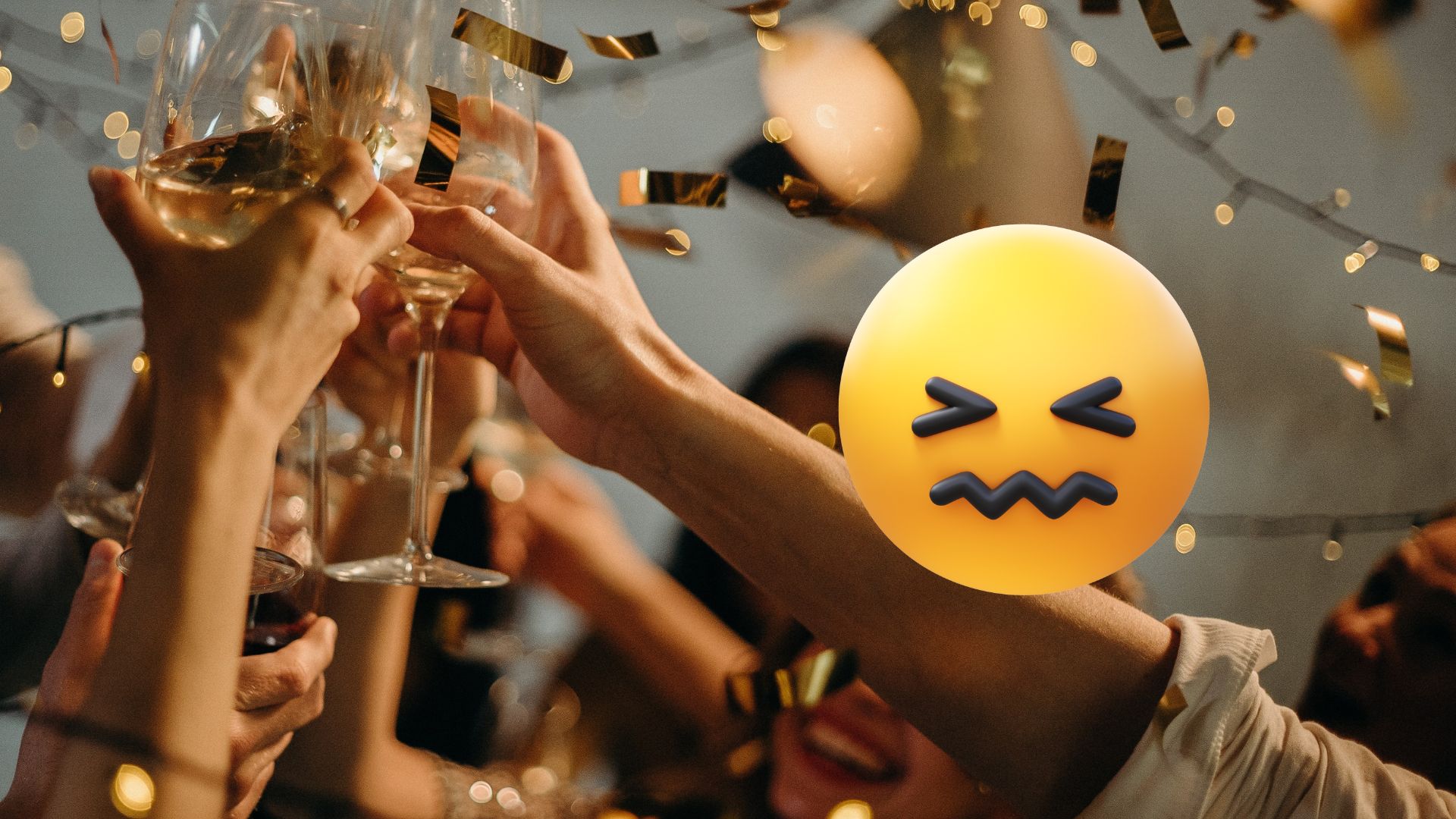 an image of a party with an emoji depicting being overstimulated