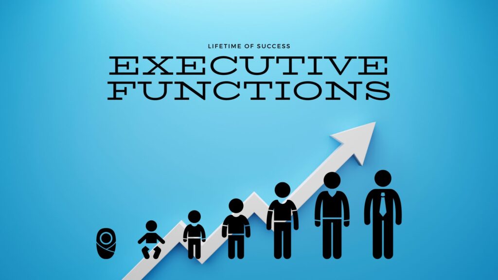 an image with text on the top stating Lifetime of Success - Executive Functions, with an upward trend arrow spanning behind a figure going through different life phases