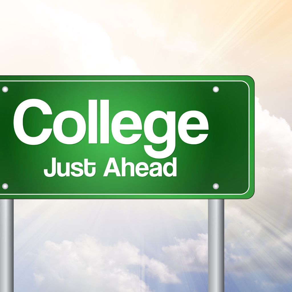 a cartoon drawing of a highway sign that says College Just Ahead, depicting college readiness