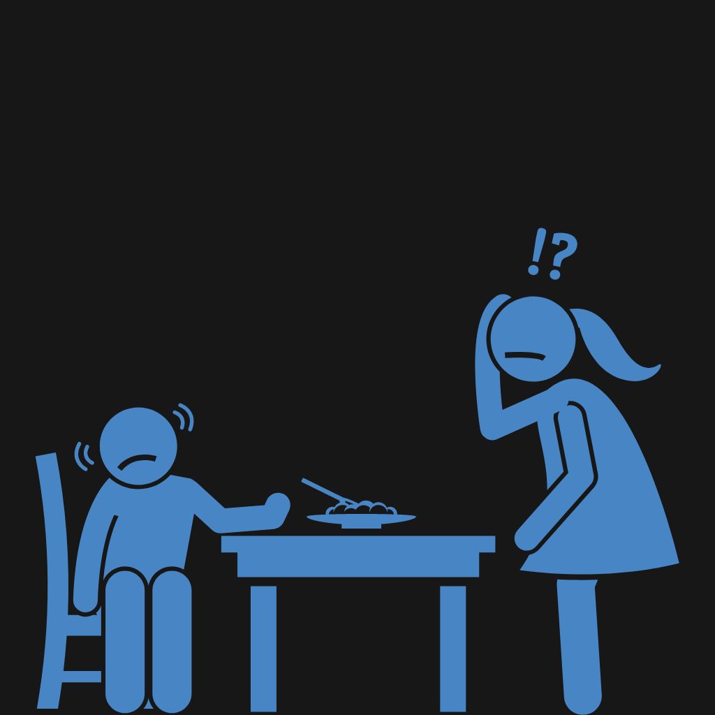 a child refusing food from a mother, all in stick figures showing demand resistance
