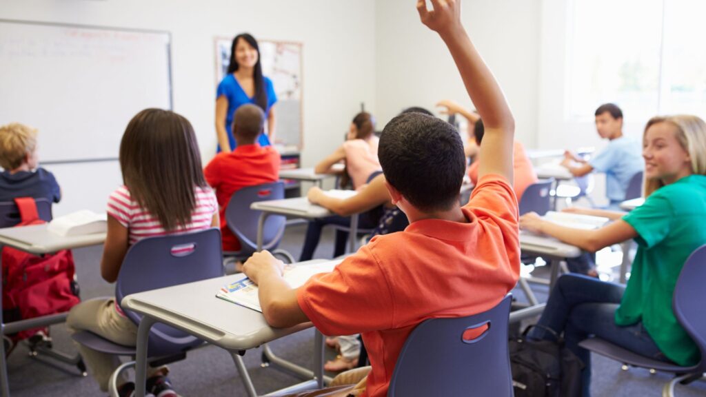 a student participating in classroom communication skills by raising his hand 