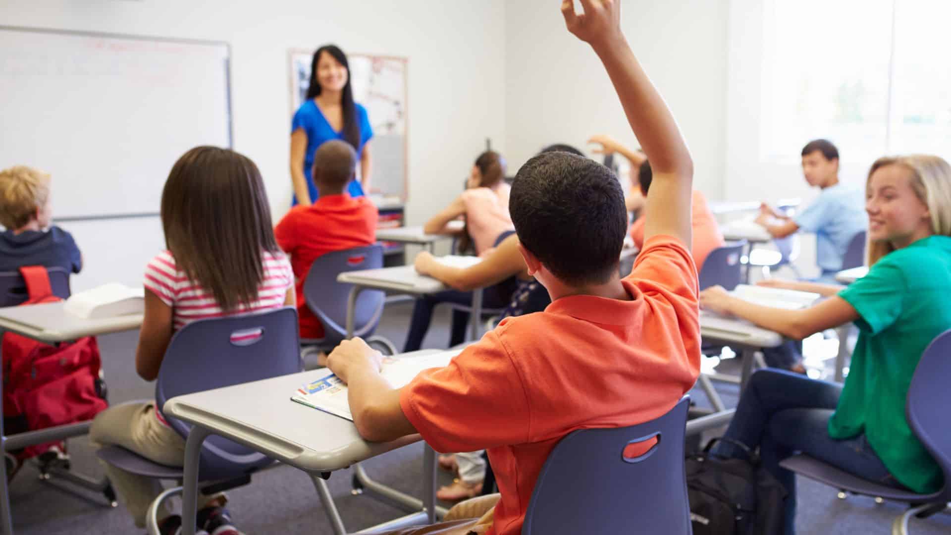 a student participating in classroom communication skills by raising his hand