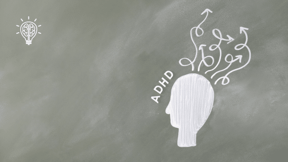 Illustration of ADHD concept with a chalk-drawn silhouette and arrows representing scattered thoughts on a chalkboard background. Ideal for blog posts about ADHD productivity strategies.