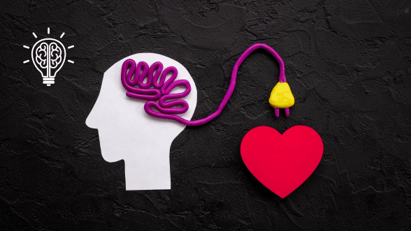 Illustration of a brain connected to a heart with a plug, symbolizing the balance of mental, physical, and emotional energy.