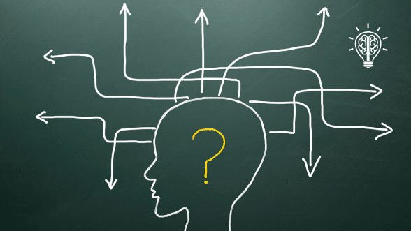 llustration of a brain with a question mark, symbolizing situational awareness. Several paths emerge from the brain, representing different decision-making options and outcomes.