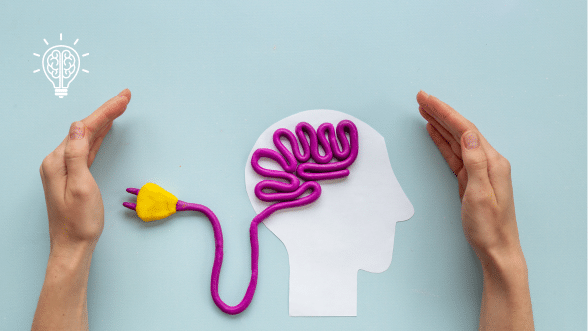 Silhouette with a brain made of cord leading to a socket, symbolizing cognitive development and the connection between brain and learning in developmental psychology.