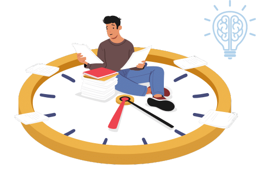 A man sitting on a clock trying to plan things out, depicting the planning fallacy