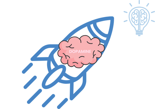 a rocket ship with a brain in it with the word dopamine on it, depicting a dopamine boost