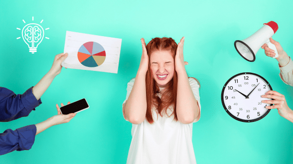 Sunday scares representation. Person dreading the workload, represented by a clock, megaphone and charts.