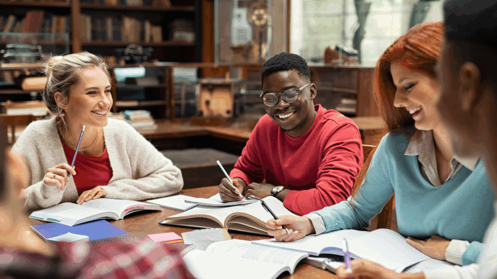 Happy college students studying together and laughing.