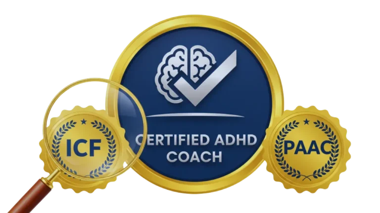 Professional ADHD coach certification seals for ICF and PAAC, highlighting the importance of credentials and standards for a qualified coach.